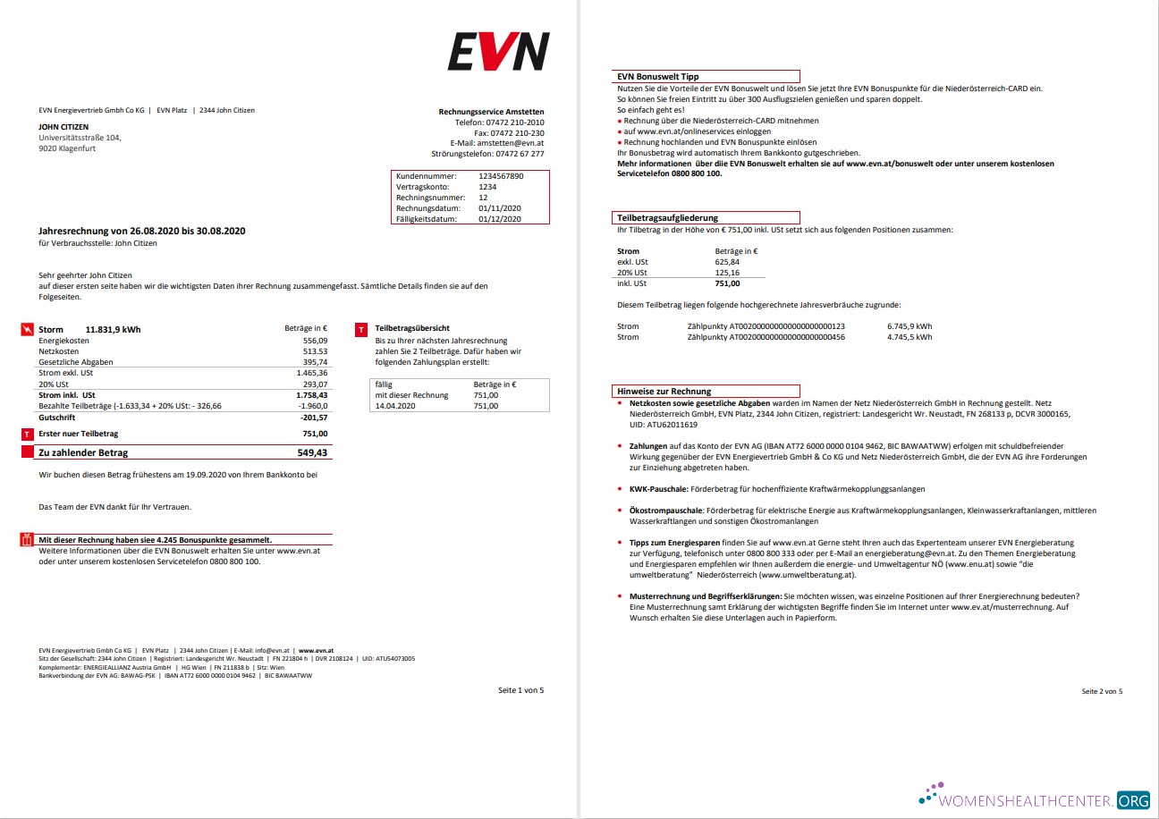 download download Austria EVN electricity utility bill 5 pages 1 2